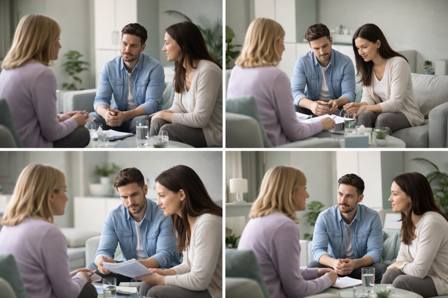 Illustration of two people sitting at a table with a mediator, having a conversation.